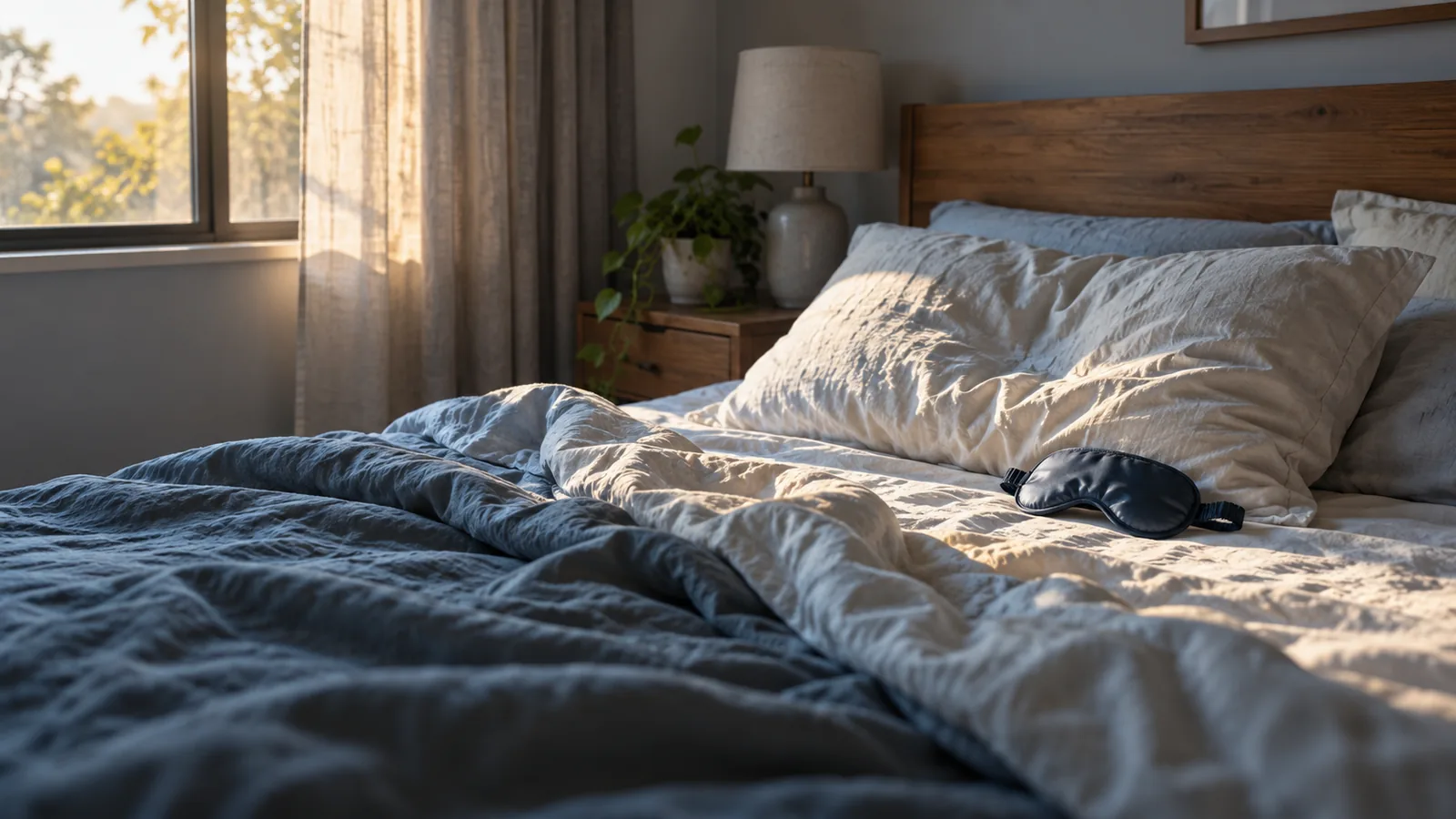 An unmade bed and sleep mask in soft early morning light